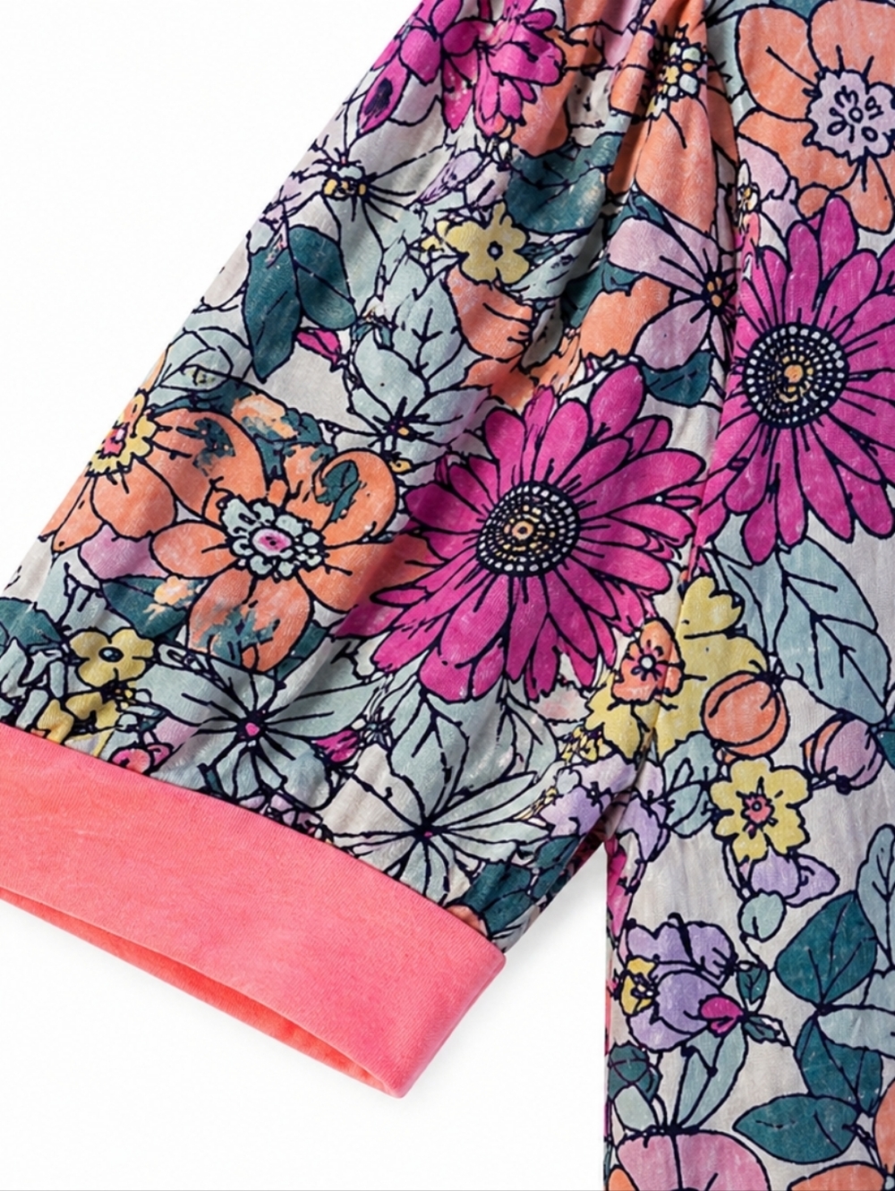 BiB! Multi-color Boho Floral Short Sleeve Top with Coral Trim Sz.M Casual Tee - Picture 3 of 8